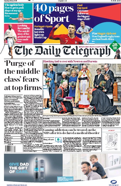 The Daily Telegraph (UK) Newspaper Front Page for 16 June 2018