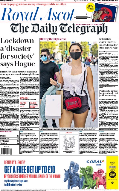 The Daily Telegraph Newspaper Front Page for 16 June 2020