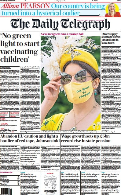 The Daily Telegraph (UK) Newspaper Front Page for 16 June 2021