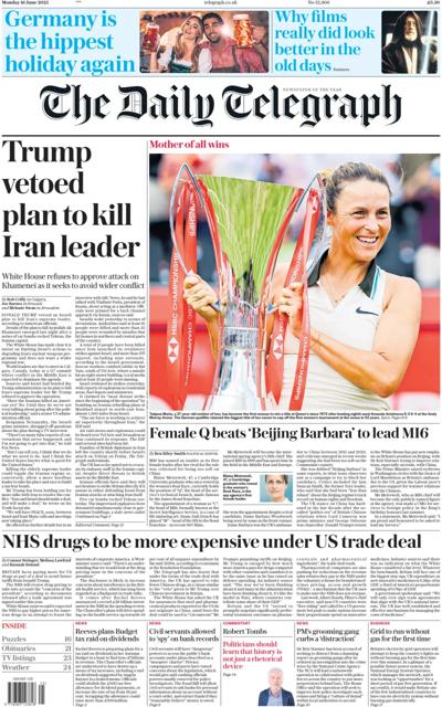 The Daily Telegraph (UK) Newspaper Front Page for 16 June 2025