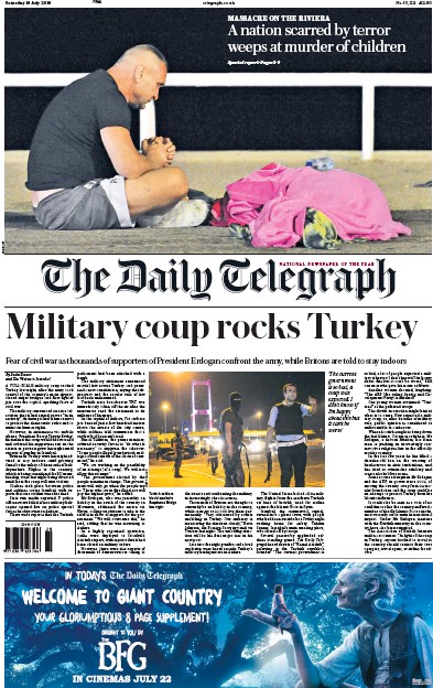 The Daily Telegraph Newspaper Front Page for 16 July 2016