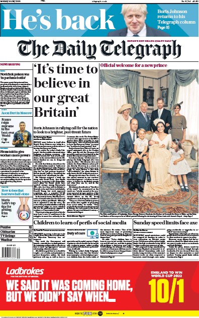 The Daily Telegraph Newspaper Front Page for 16 July 2018
