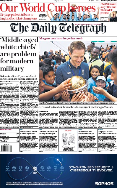 The Daily Telegraph Newspaper Front Page for 16 July 2019