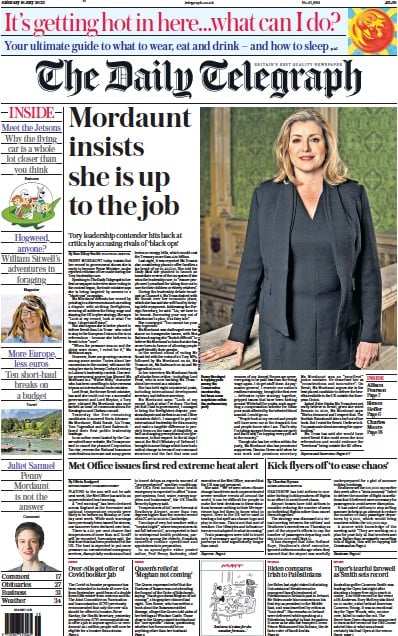 The Daily Telegraph Newspaper Front Page for 16 July 2022