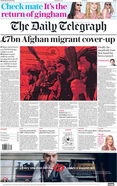 The Daily Telegraph (UK) Newspaper Front Page for 16 July 2025