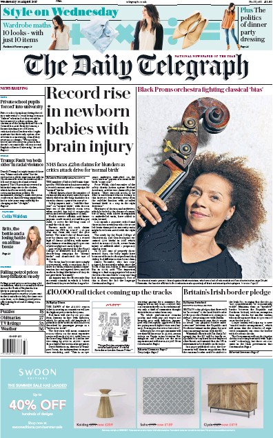 The Daily Telegraph Newspaper Front Page for 16 August 2017