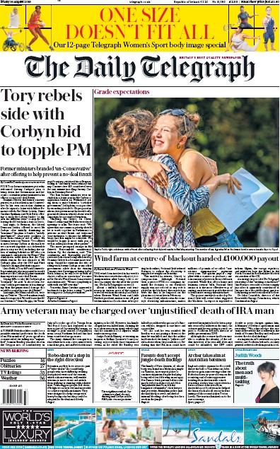 The Daily Telegraph Newspaper Front Page for 16 August 2019