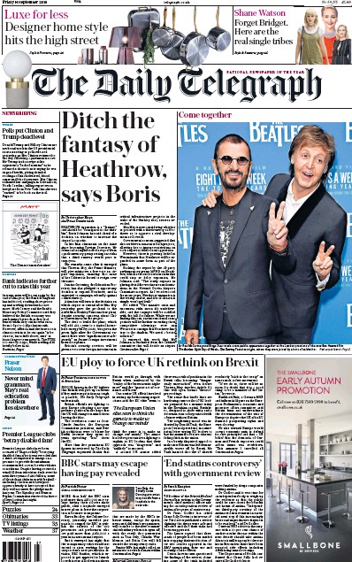 The Daily Telegraph (UK) Newspaper Front Page for 16 September 2016