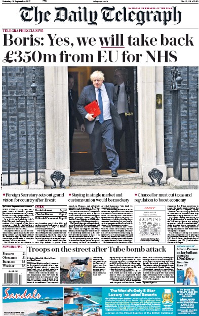 The Daily Telegraph Newspaper Front Page for 16 September 2017