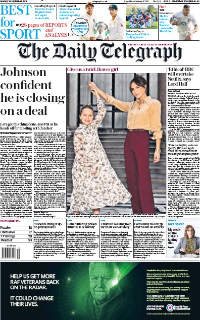 The Daily Telegraph Newspaper Front Page for 16 September 2019