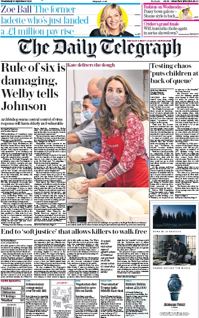 The Daily Telegraph Newspaper Front Page for 16 September 2020