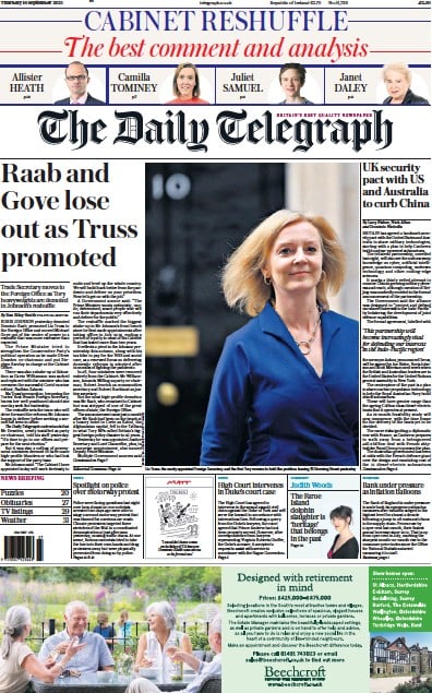 The Daily Telegraph (UK) Newspaper Front Page for 16 September 2021