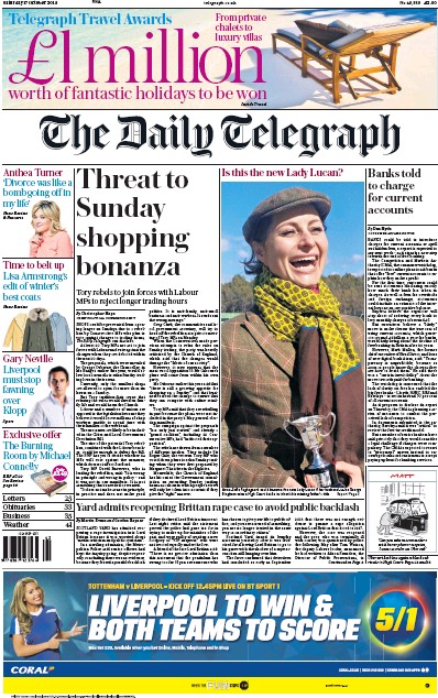 The Daily Telegraph Newspaper Front Page for 17 October 2015