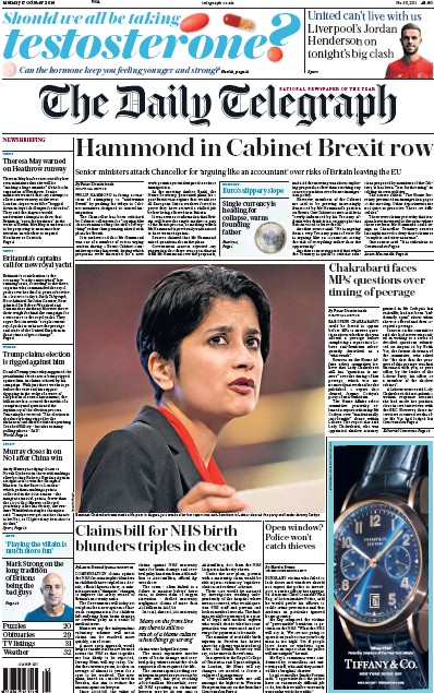 The Daily Telegraph Newspaper Front Page for 17 October 2016