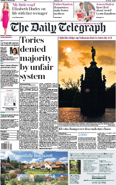 The Daily Telegraph Newspaper Front Page for 17 October 2017