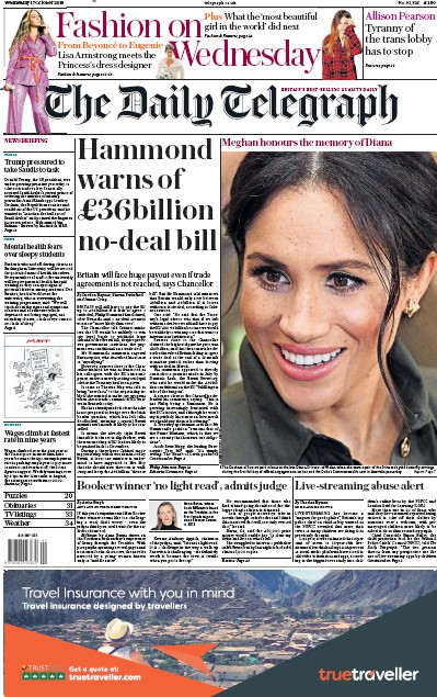 The Daily Telegraph Newspaper Front Page for 17 October 2018