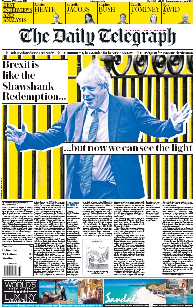 The Daily Telegraph Newspaper Front Page for 17 October 2019