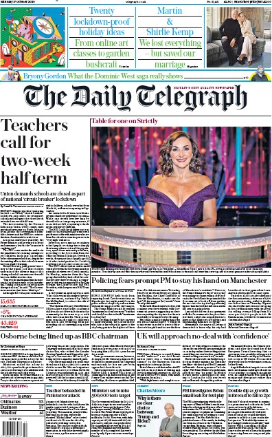 The Daily Telegraph Newspaper Front Page for 17 October 2020