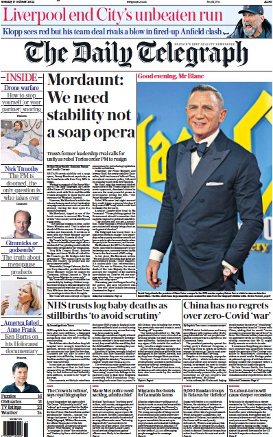 The Daily Telegraph (UK) Newspaper Front Page for 17 October 2022