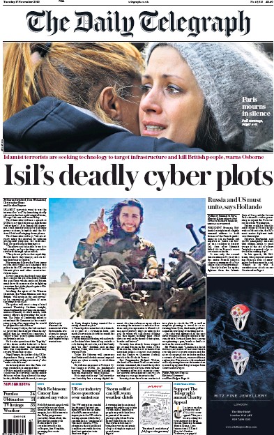 The Daily Telegraph Newspaper Front Page for 17 November 2015