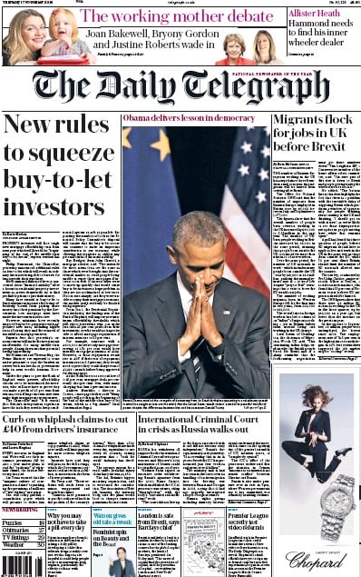 The Daily Telegraph Newspaper Front Page for 17 November 2016