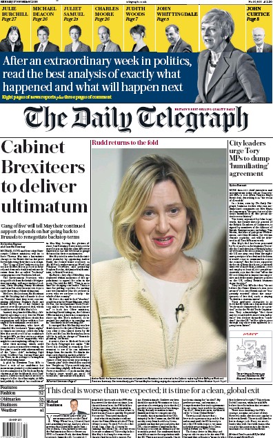 The Daily Telegraph Newspaper Front Page for 17 November 2018
