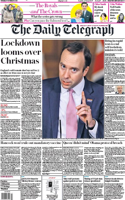 The Daily Telegraph (UK) Newspaper Front Page for 17 November 2020