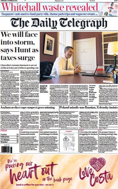 The Daily Telegraph (UK) Newspaper Front Page for 17 November 2022
