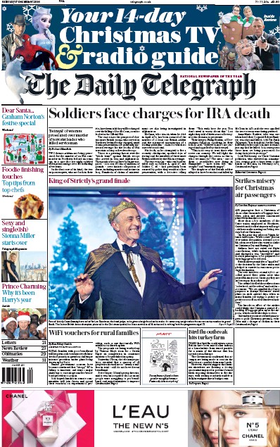 The Daily Telegraph Newspaper Front Page for 17 December 2016