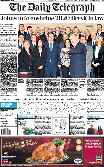 The Daily Telegraph Newspaper Front Page for 17 December 2019