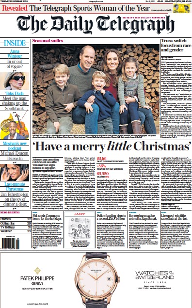 The Daily Telegraph Newspaper Front Page for 17 December 2020