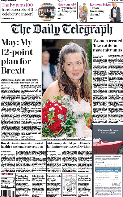 The Daily Telegraph Newspaper Front Page for 17 January 2017