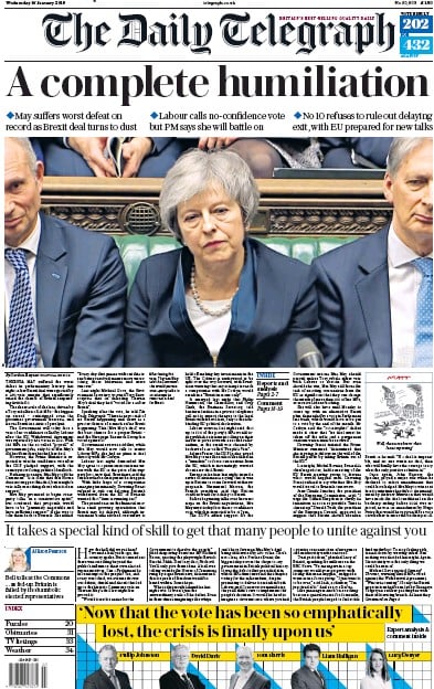 The Daily Telegraph Newspaper Front Page for 17 January 2019
