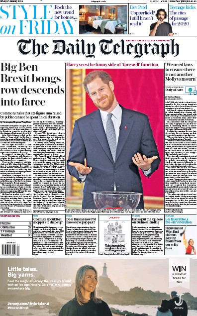 The Daily Telegraph Newspaper Front Page for 17 January 2020