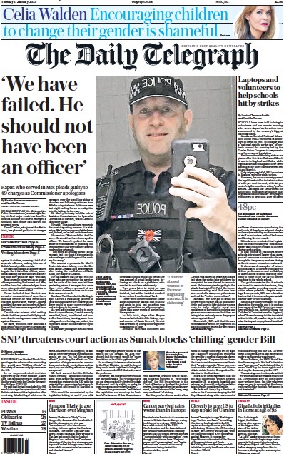 The Daily Telegraph (UK) Newspaper Front Page for 17 January 2023