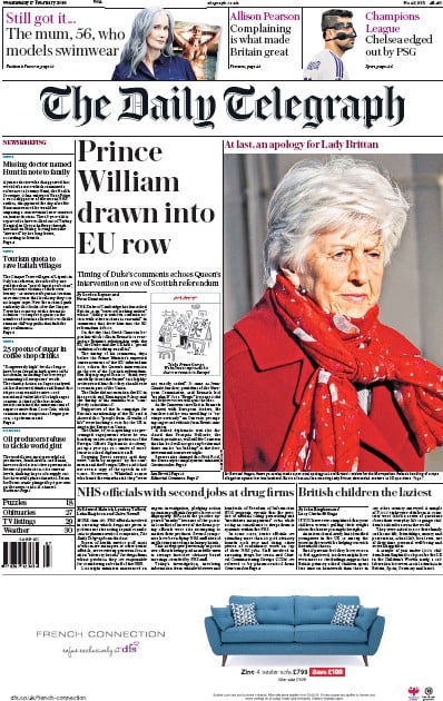 The Daily Telegraph Newspaper Front Page for 17 February 2016