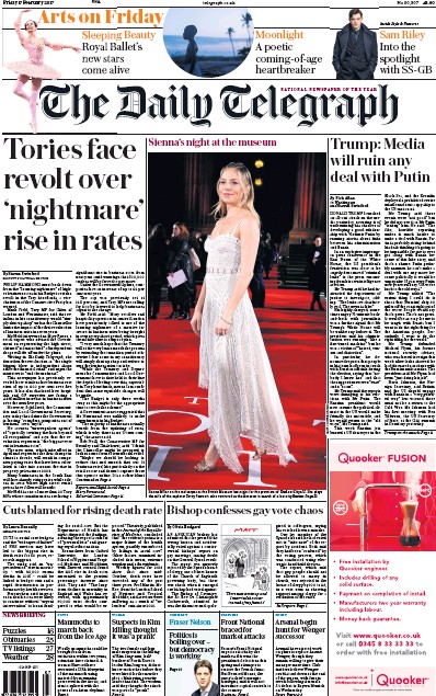 The Daily Telegraph Newspaper Front Page for 17 February 2017