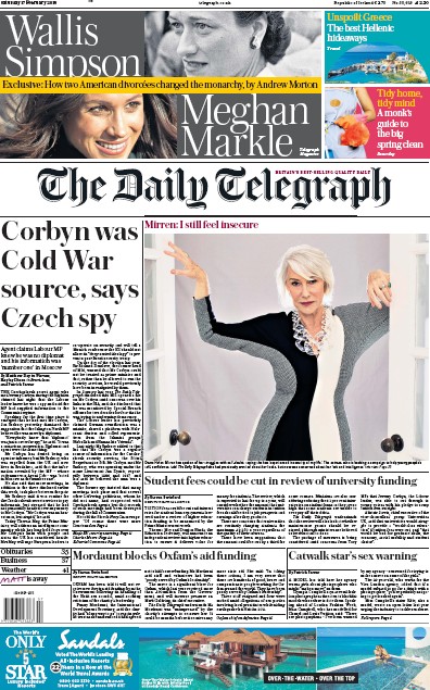 The Daily Telegraph Newspaper Front Page for 17 February 2018