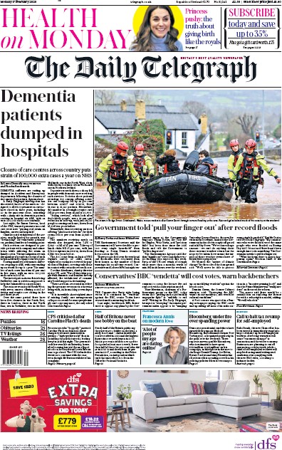 The Daily Telegraph Newspaper Front Page for 17 February 2020
