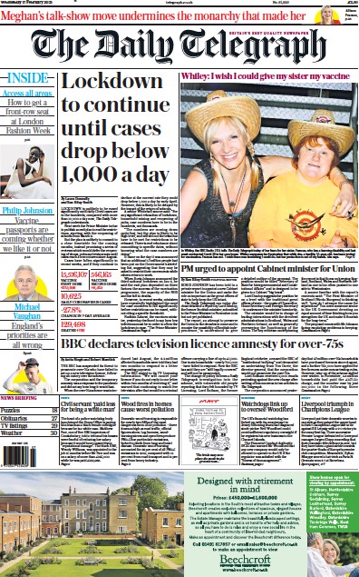 The Daily Telegraph Newspaper Front Page for 17 February 2021
