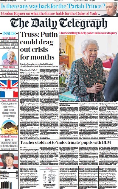 The Daily Telegraph Newspaper Front Page for 17 February 2022