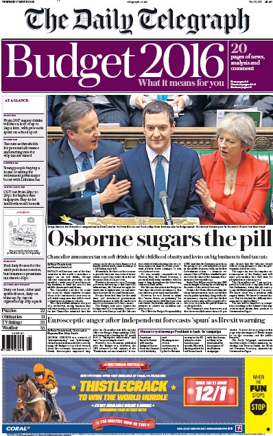 The Daily Telegraph Newspaper Front Page for 17 March 2016