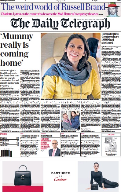 The Daily Telegraph Newspaper Front Page for 17 March 2022