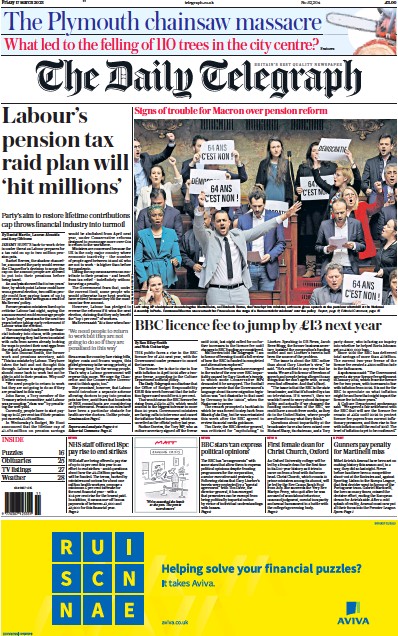 The Daily Telegraph (UK) Newspaper Front Page for 17 March 2023
