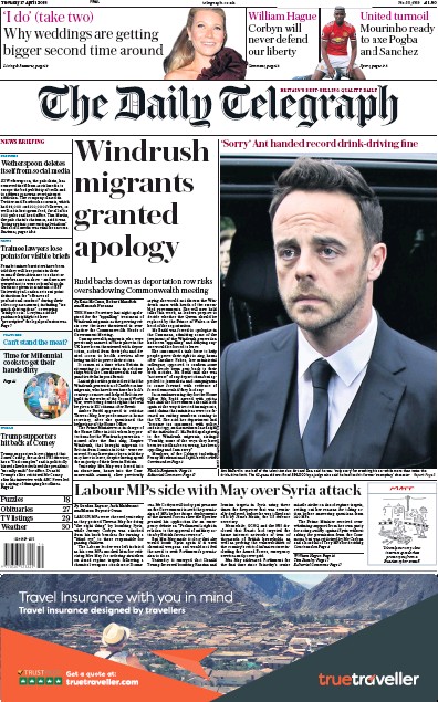 The Daily Telegraph Newspaper Front Page for 17 April 2018