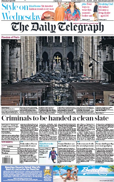 The Daily Telegraph Newspaper Front Page for 17 April 2019