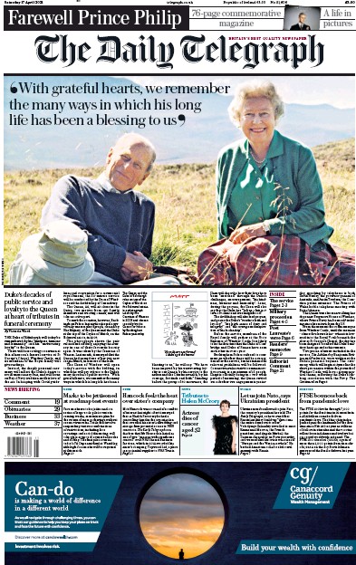 The Daily Telegraph (UK) Newspaper Front Page for 17 April 2021