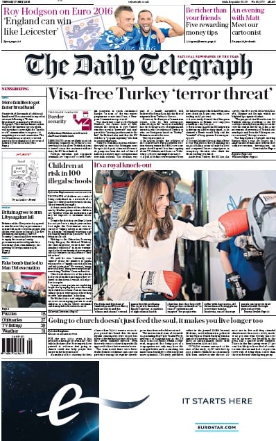 The Daily Telegraph Newspaper Front Page for 17 May 2016