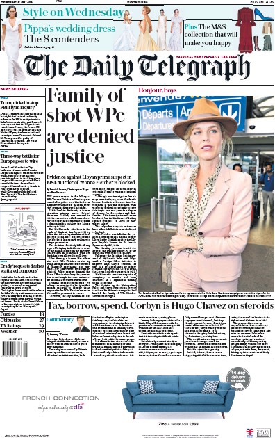 The Daily Telegraph Newspaper Front Page for 17 May 2017