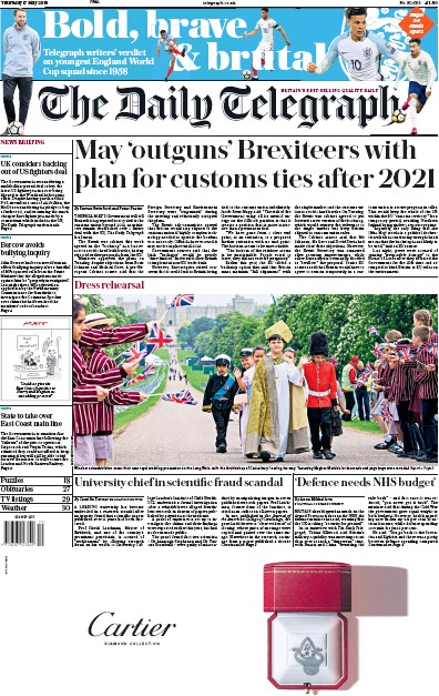 The Daily Telegraph Newspaper Front Page for 17 May 2018
